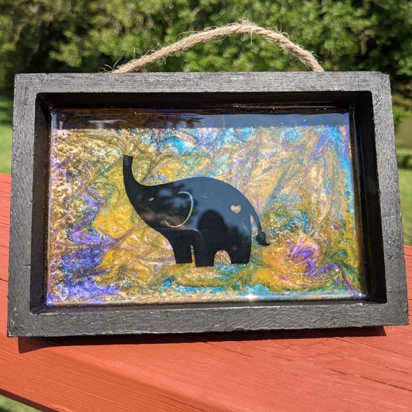 Hand Crafted Accessories - Elephant Art Resin Wall Hanging Wood Canvas Purple Gold Black Frame Handmade